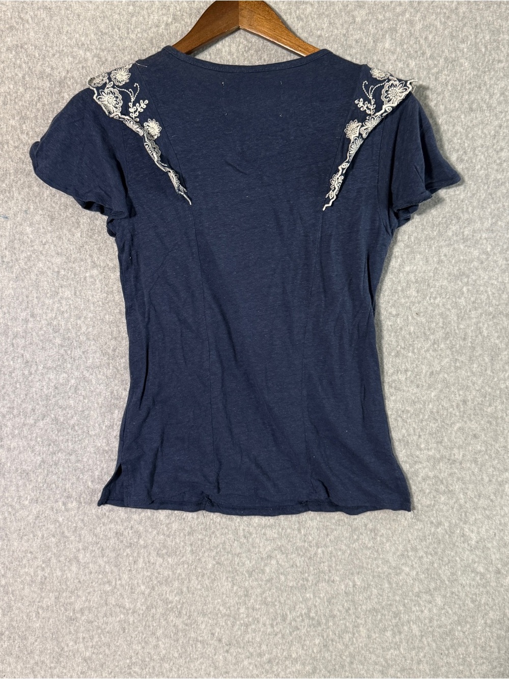 Cupio Navy Short-Sleeve Tie-Neck Top with White Floral Embroidery - Picture 6 of 7